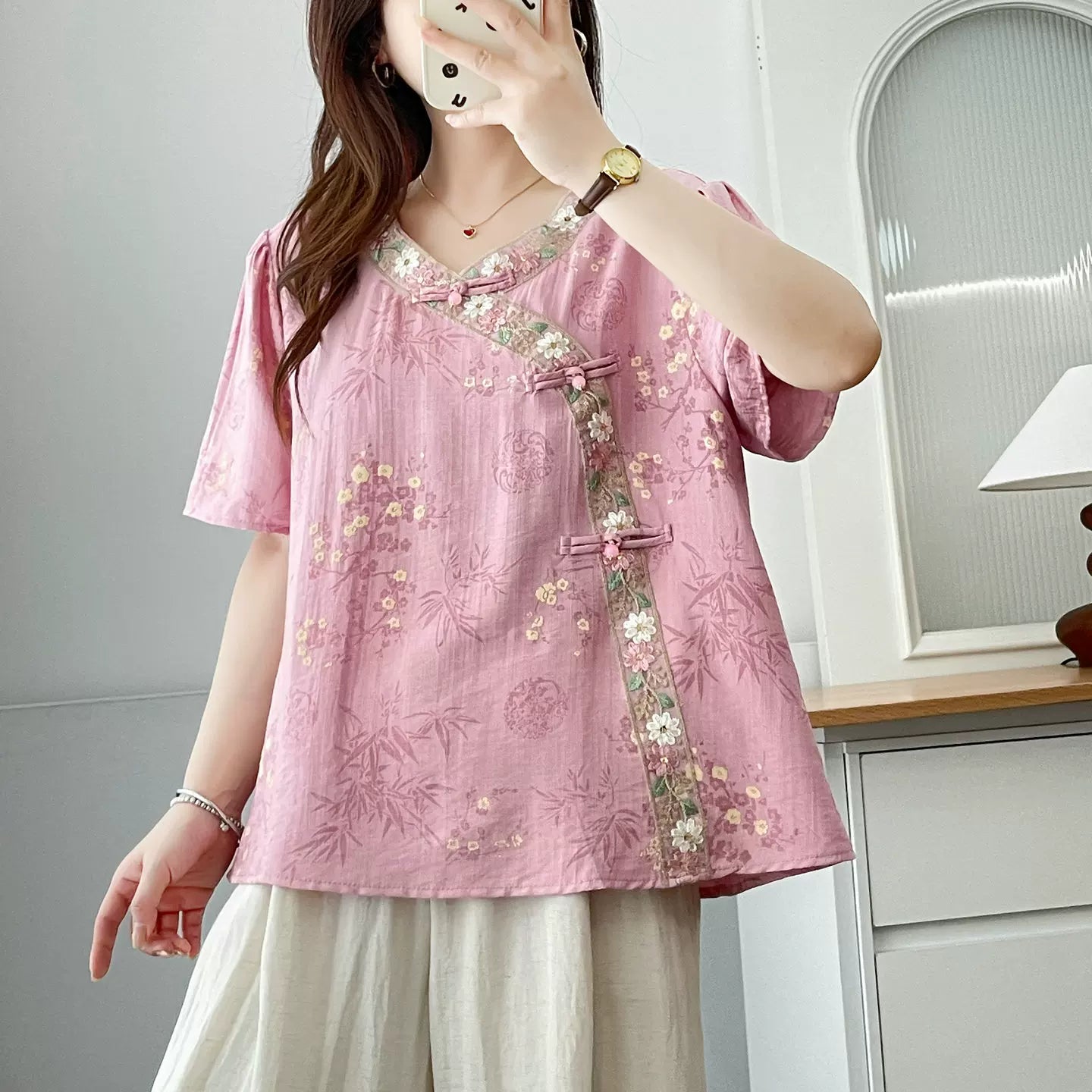 Relaxed V-Neck Tunic with Embroidered Trim & Botanical Print