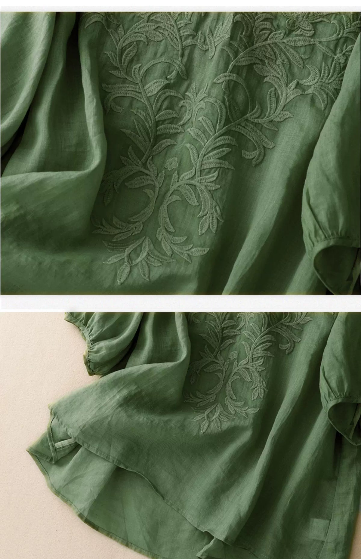 Embroidered Half Sleeve V-Neck Blouse, Cotton Linen