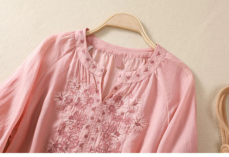 Embroidered Three Quarter Sleeve Blouse, Cotton Linen