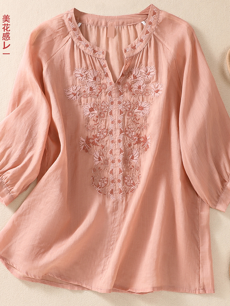 Embroidered Three Quarter Sleeve Blouse, Cotton Linen