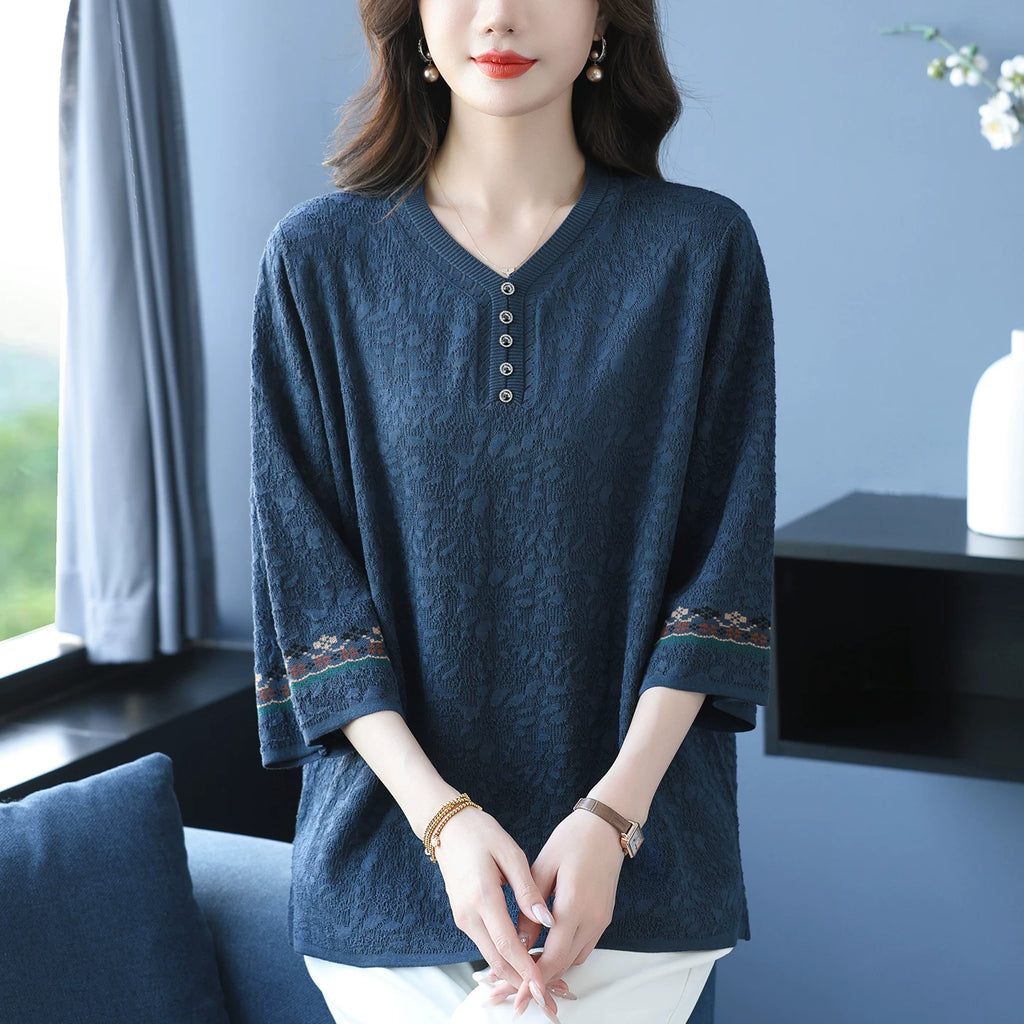 Textured Woven Blouse with Embroidered Cuffs