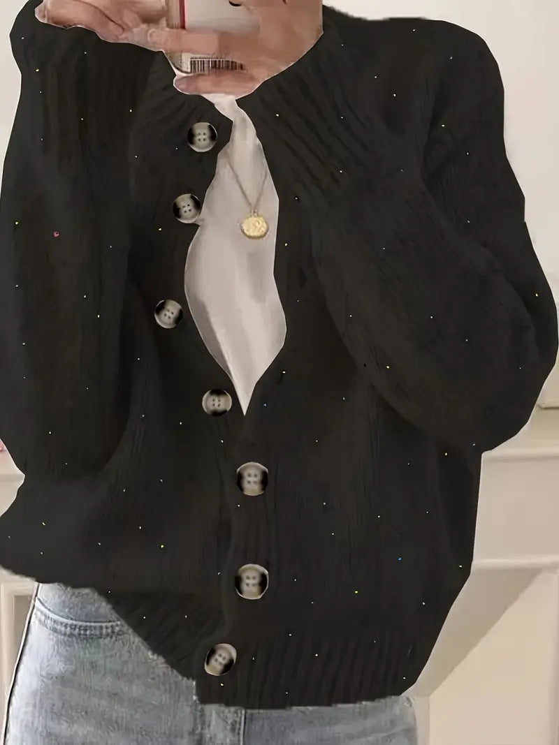 Speckled Yarn Cardigan with Front Buttons