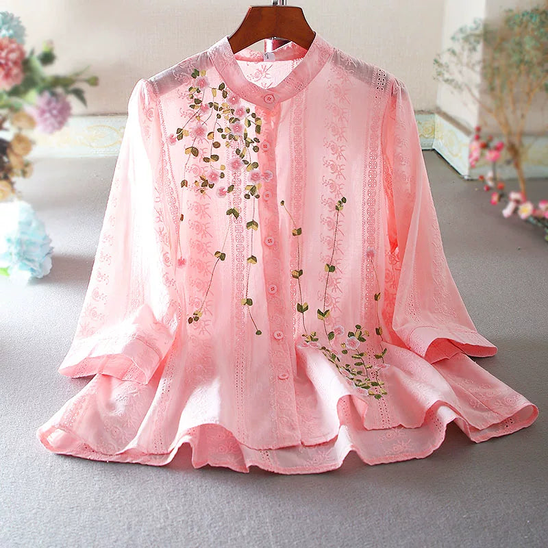 Cotton Blouse with Floral Embroidery & Eyelet Lace