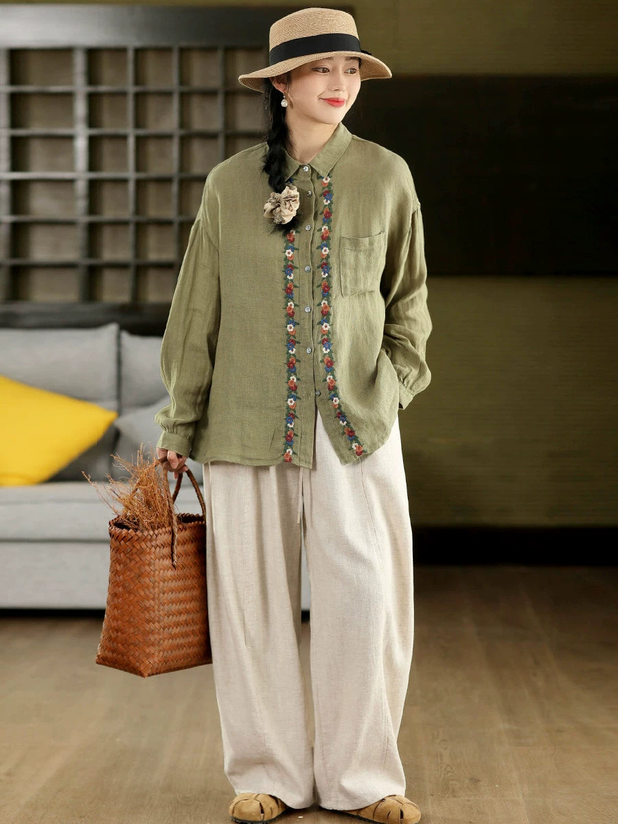 100% Linen Button-Front Top with Floral Embroidery