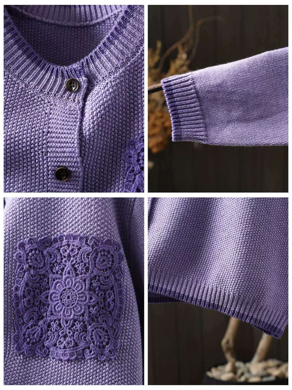Waffle-Textured Knit Cardigan with Lace Pocket