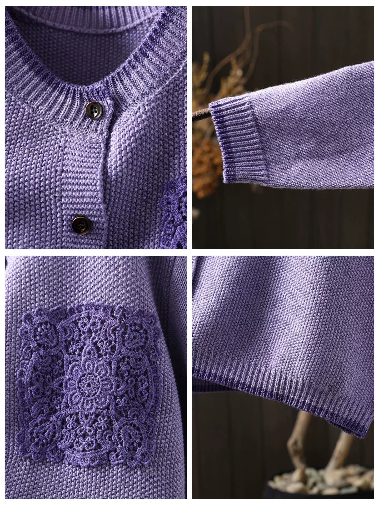 Waffle-Textured Knit Cardigan with Lace Pocket