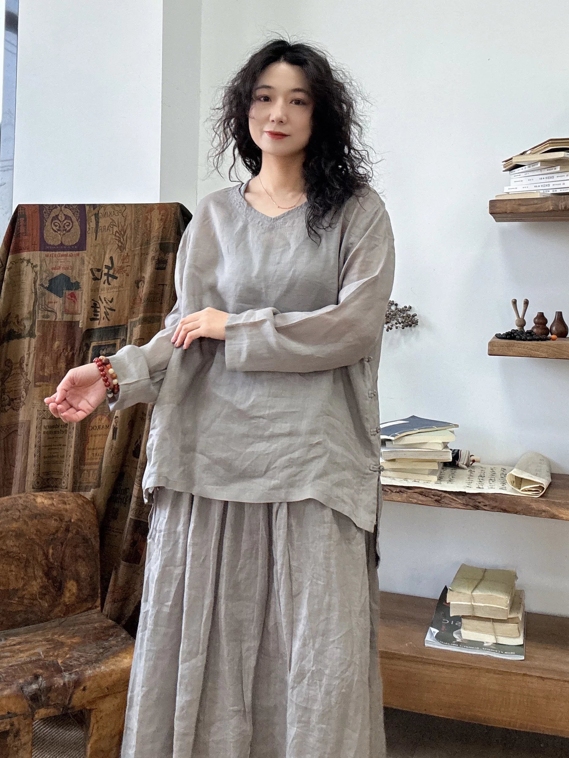 Ramie Relaxed Long-Sleeve Top in Soft Hues