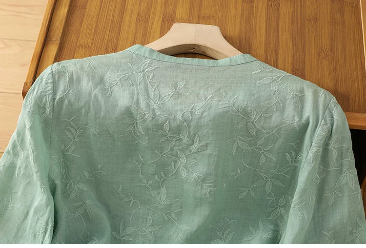 Embroidered Botanical Vine Cotton Linen Three Quarter Sleeve Shirt