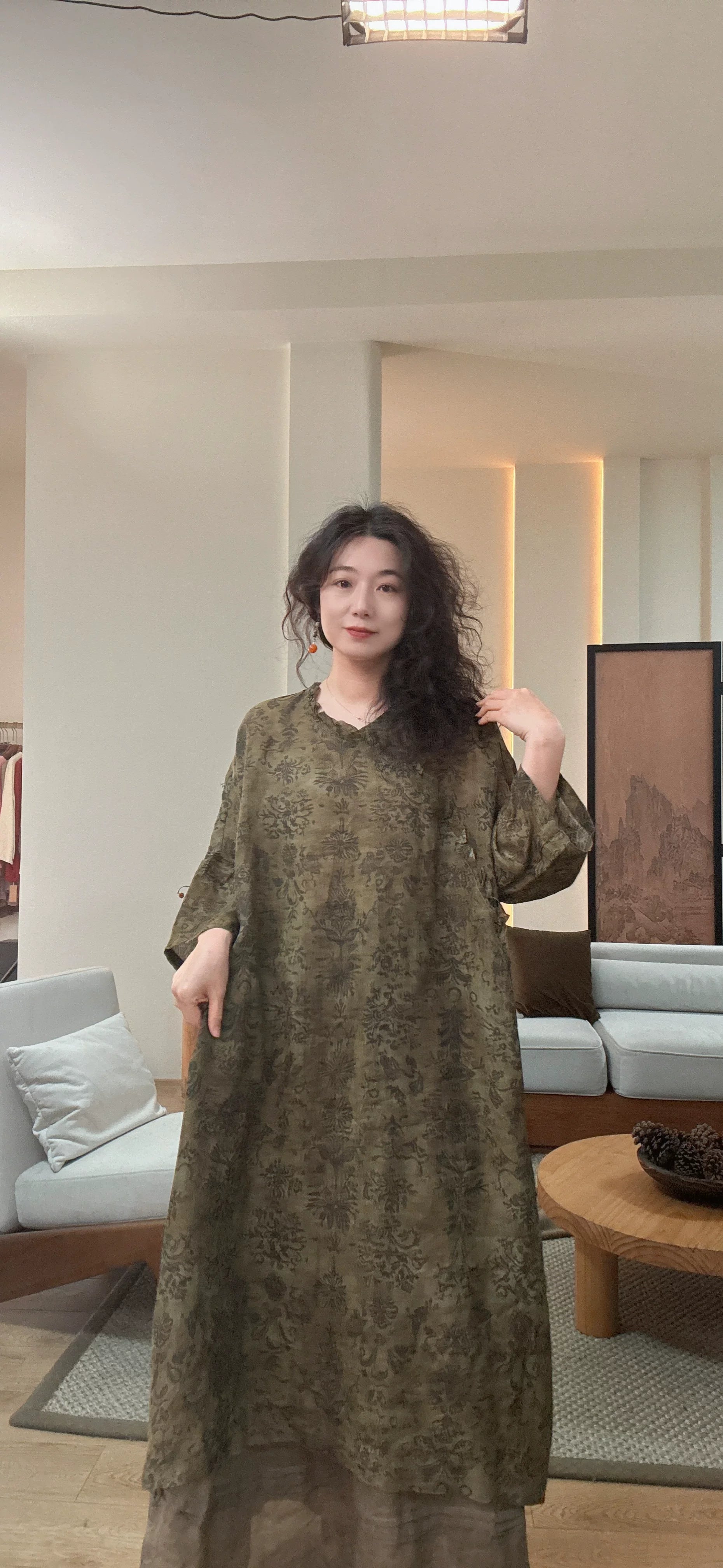 Relaxed Linen Midi Dress with Subtle Print