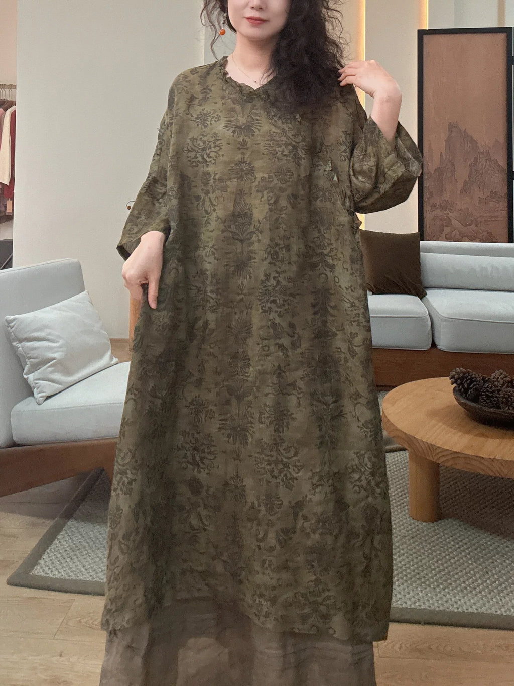 Relaxed Linen Midi Dress with Subtle Print