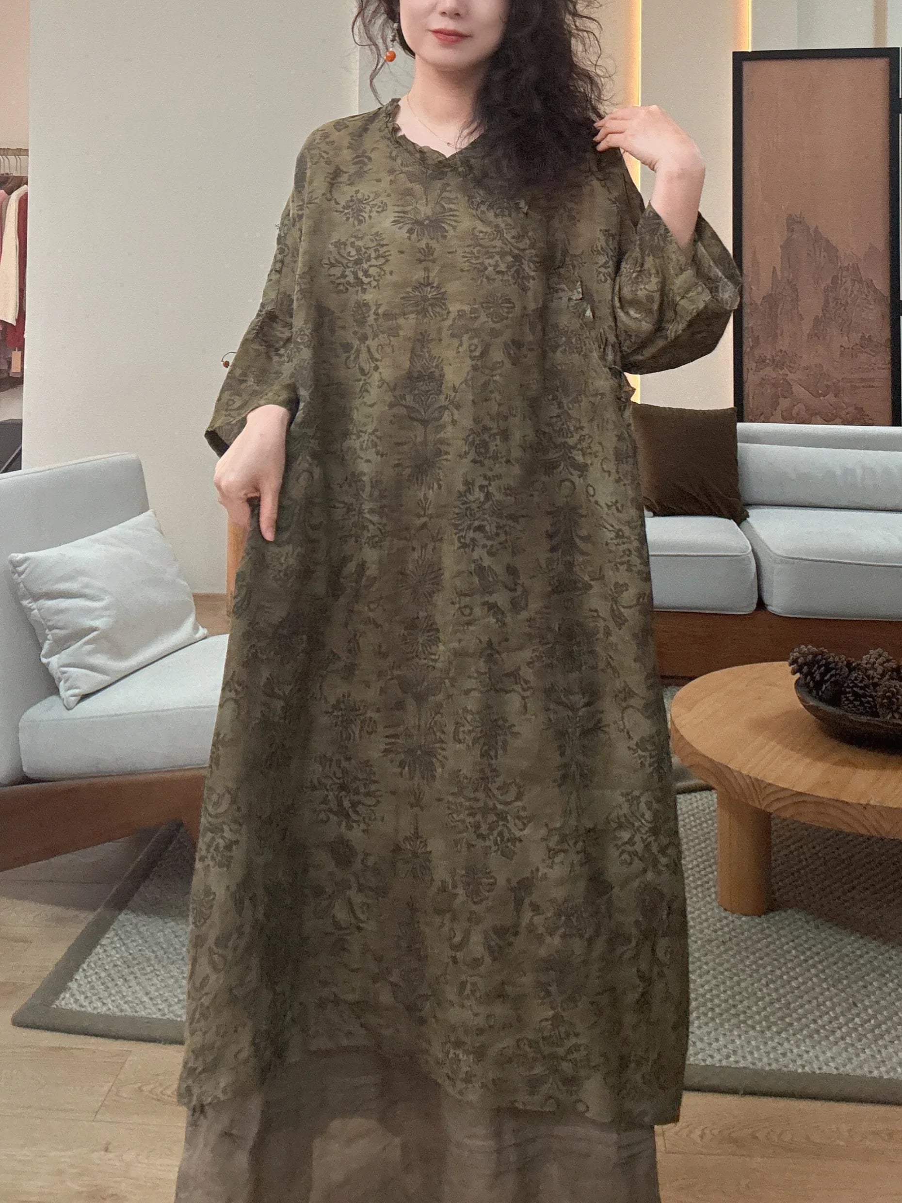 Relaxed Linen Midi Dress with Subtle Print