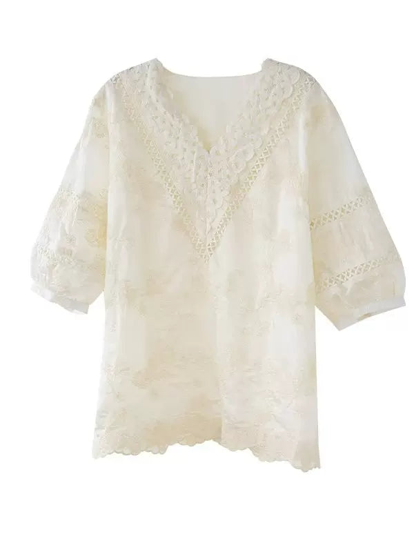 Apricot V-Neck Top with Embroidered Cutouts