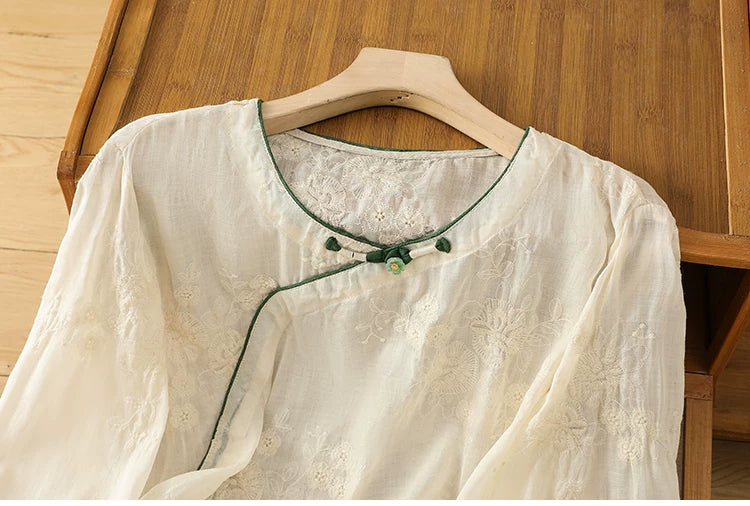Embroidered Cotton Linen Three Quarter Sleeve Shirt