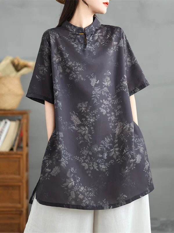 Vintage Print Linen Short Sleeve Shirt for Women - Summer Loose Fit with Slanted Lapel and Button Closure