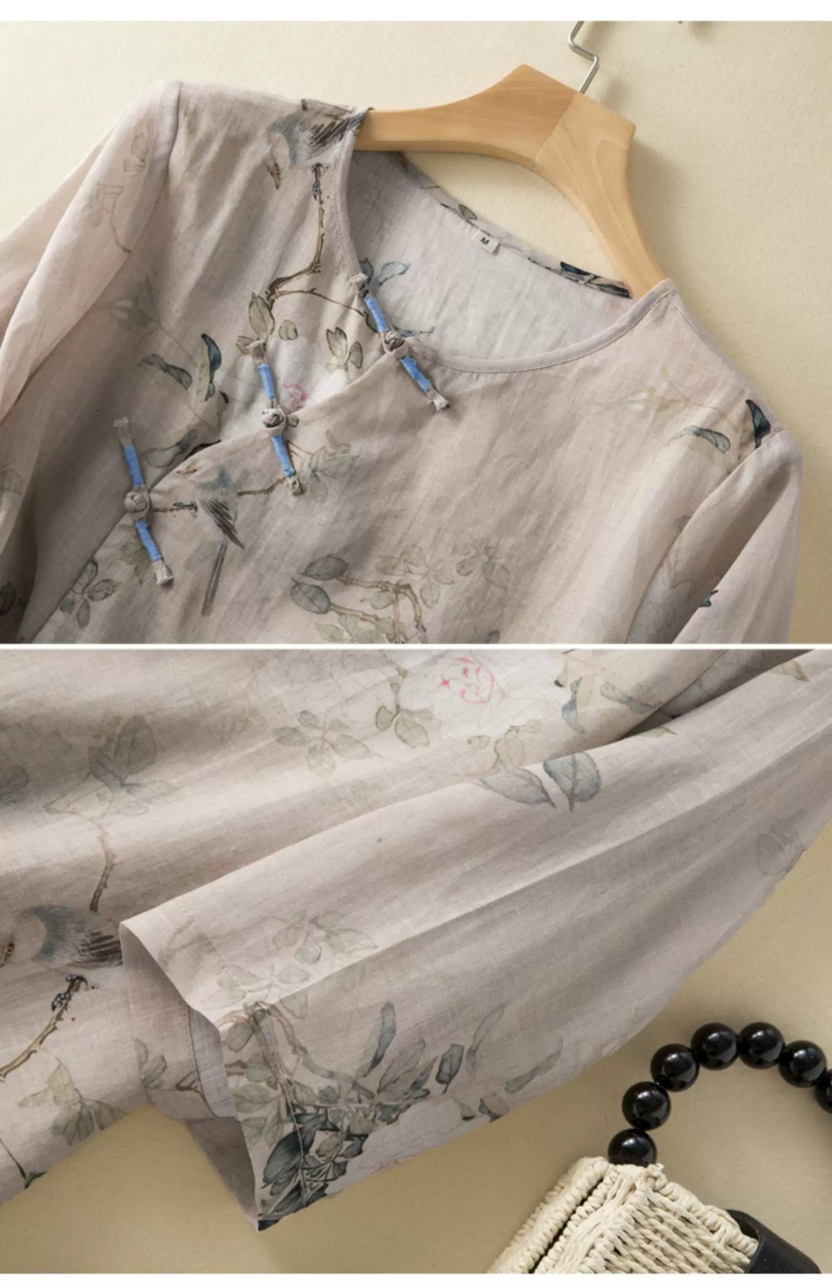 Botanical Bird Print Cotton Linen Three Quarter Sleeve Shirt