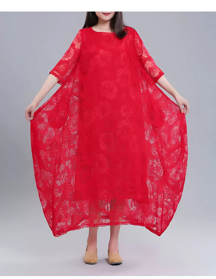 Floral Jacquard Maxi Dress with Sheer Overlay