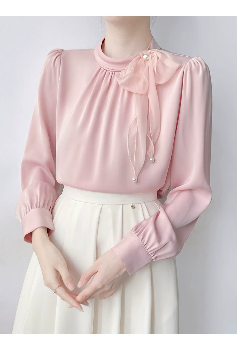 Relaxed Blouse with 3D Bow & Pearl Tie Detail
