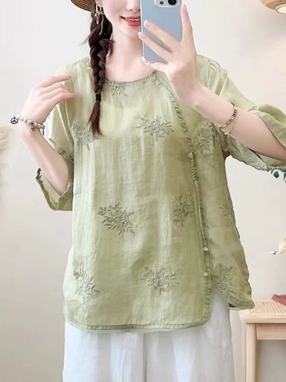 Embroidered Three Quarter Sleeve Shirt, Cotton Linen