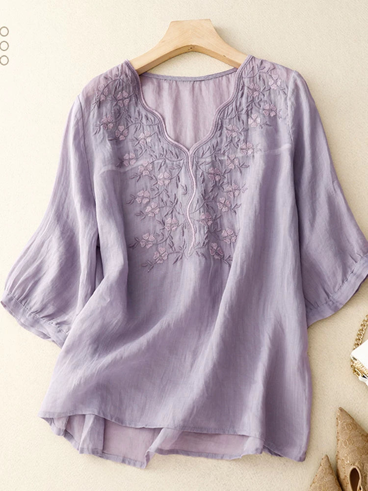 Embroidered Three Quarter Sleeve V-Neck Shirt