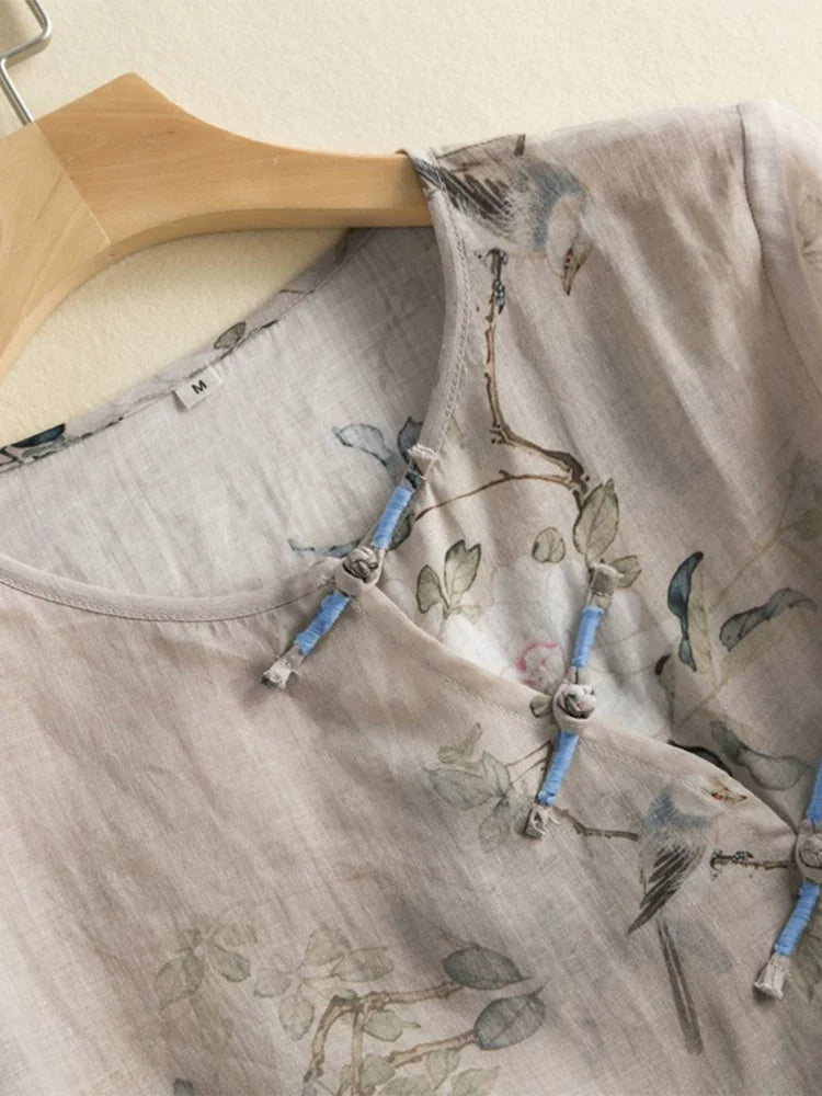 Botanical Bird Print Cotton Linen Three Quarter Sleeve Shirt