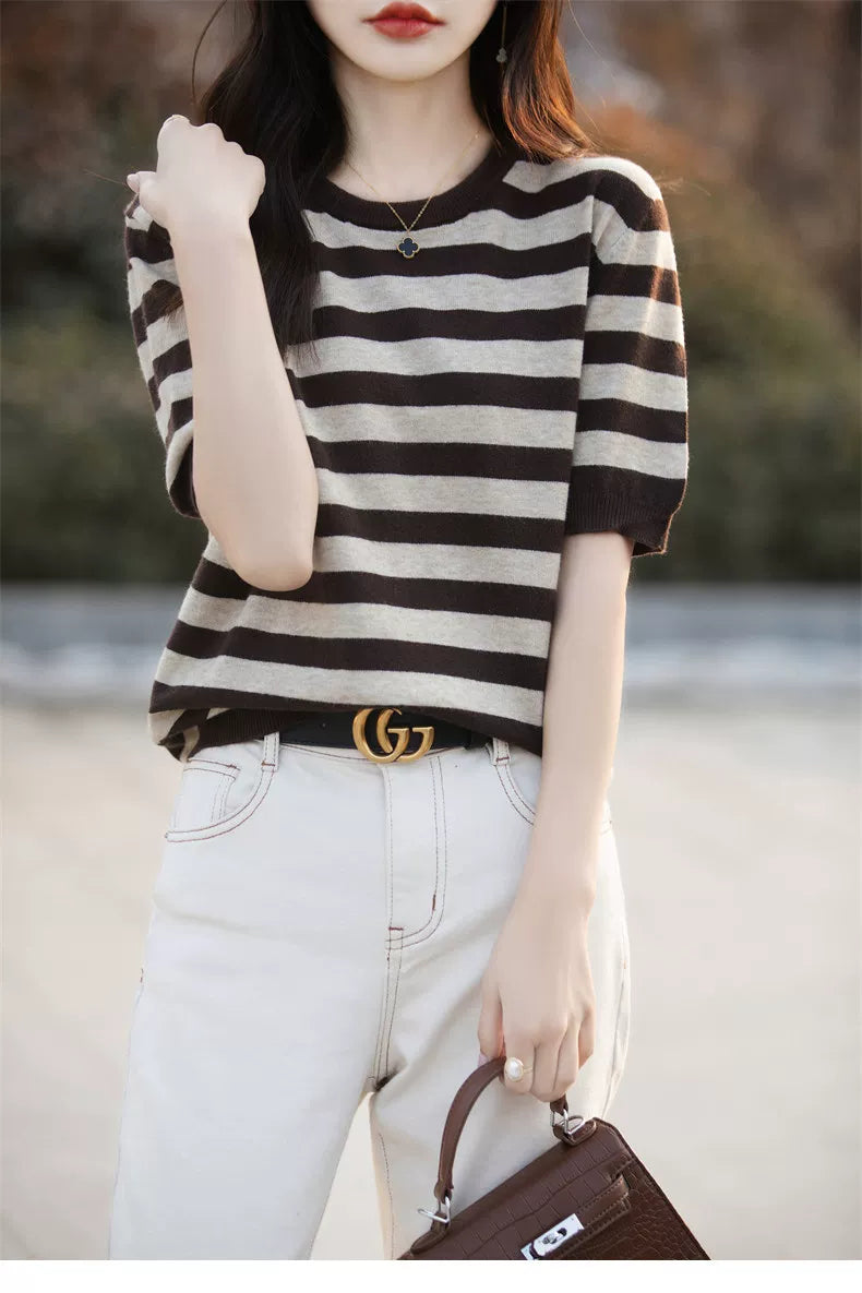 Striped Knit Top with Elbow-Length Sleeves
