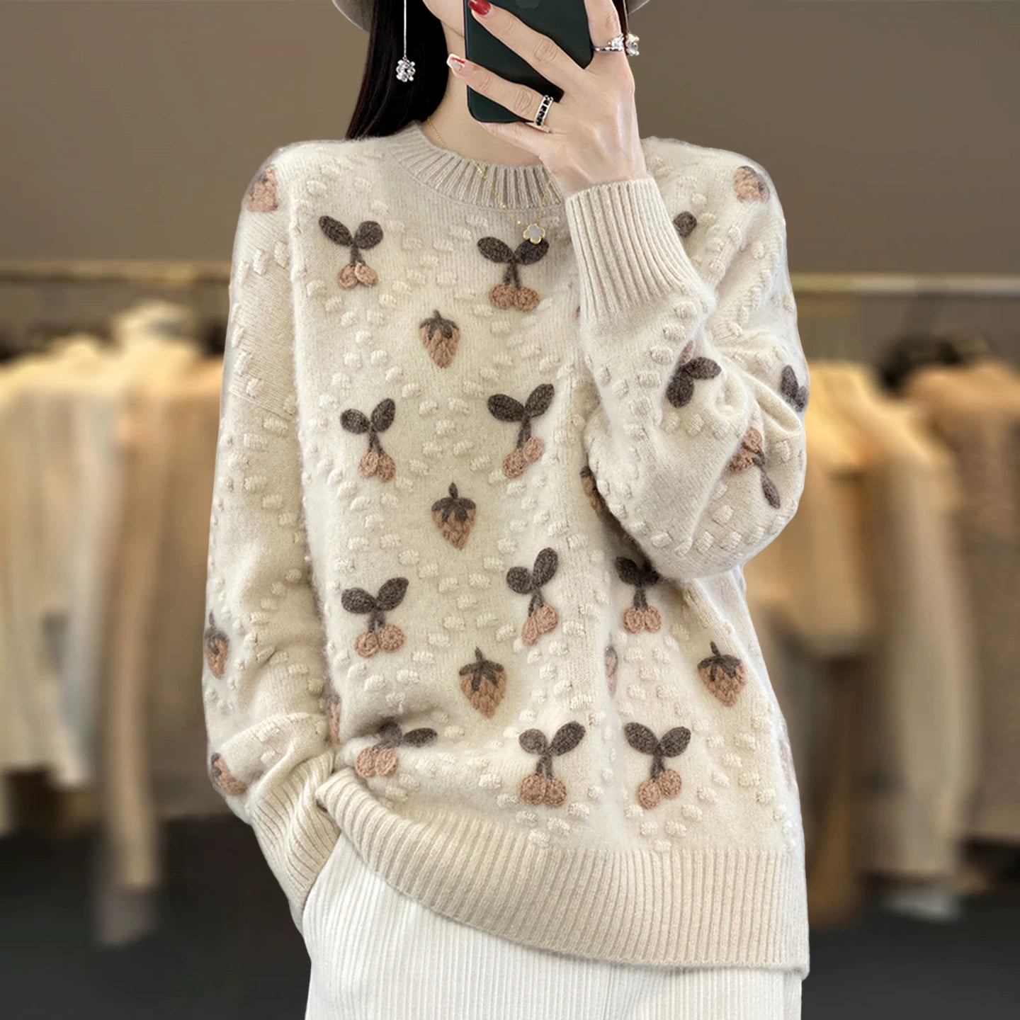 Relaxed Cherry Motif Knit Sweater