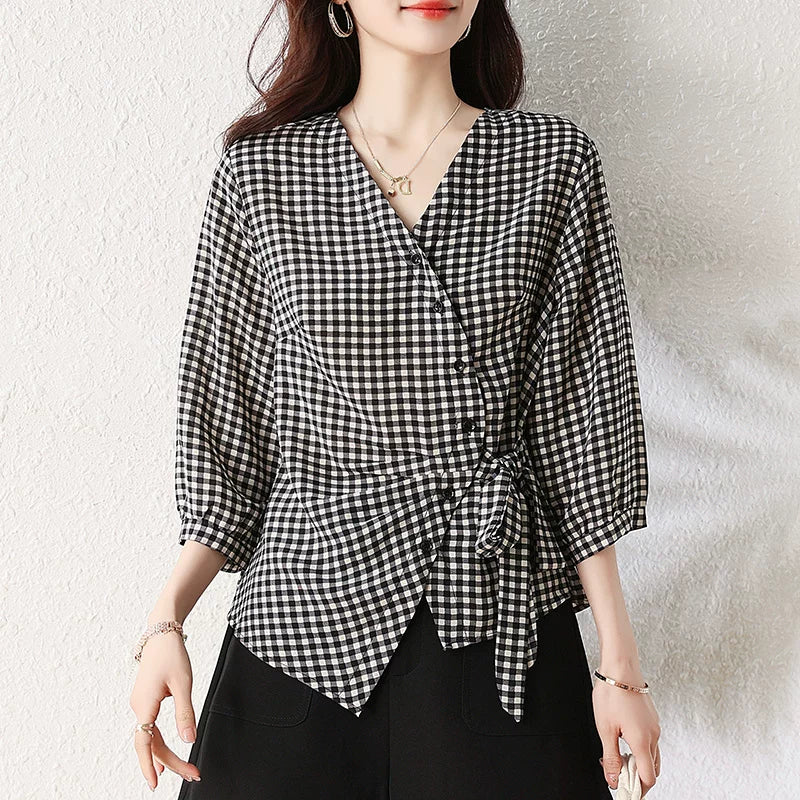 Gingham Wrap Blouse with Self-Tie Knot