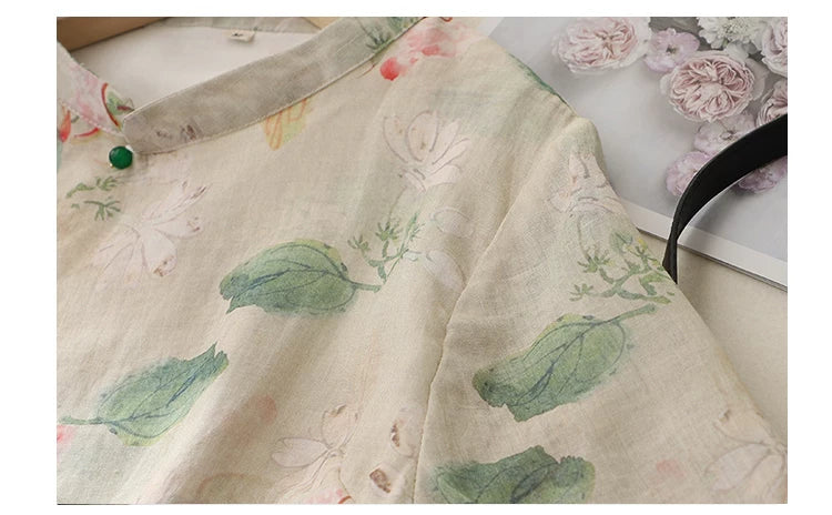 Floral Print Cotton Linen Three Quarter Sleeve Shirt