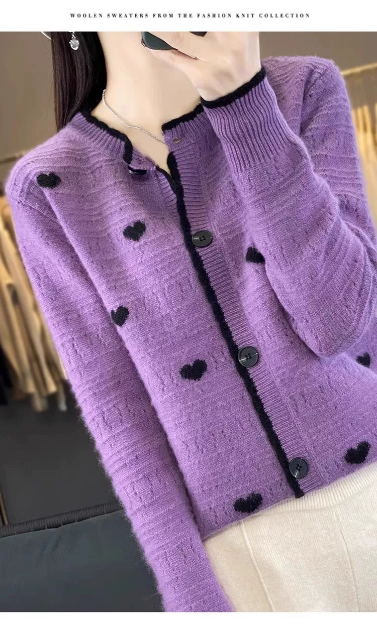 Heart-Motif Wool-Like Knit Cardigan, Relaxed Hip-Length