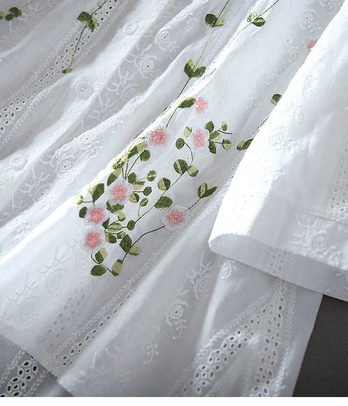 Cotton Blouse with Floral Embroidery & Eyelet Lace