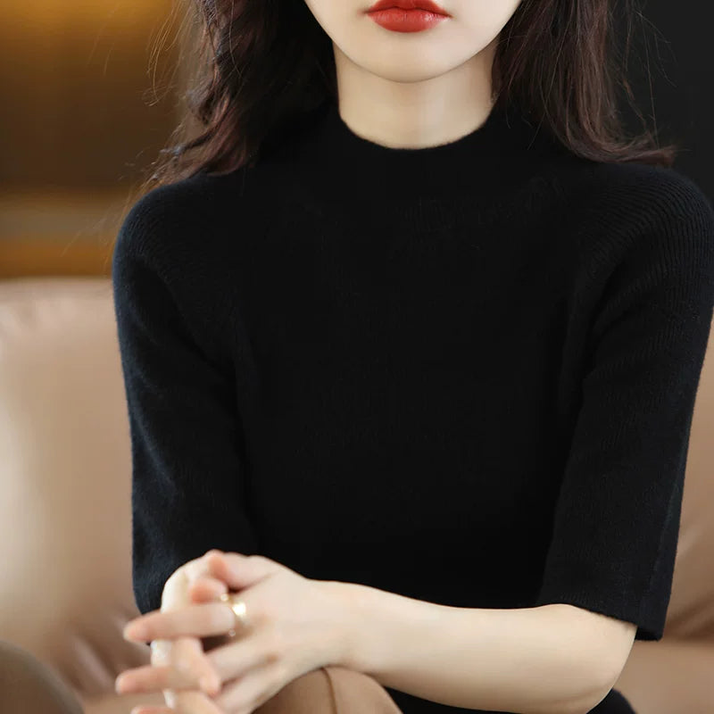 Relaxed Knit Top with Small Stand Collar & Elbow Sleeves
