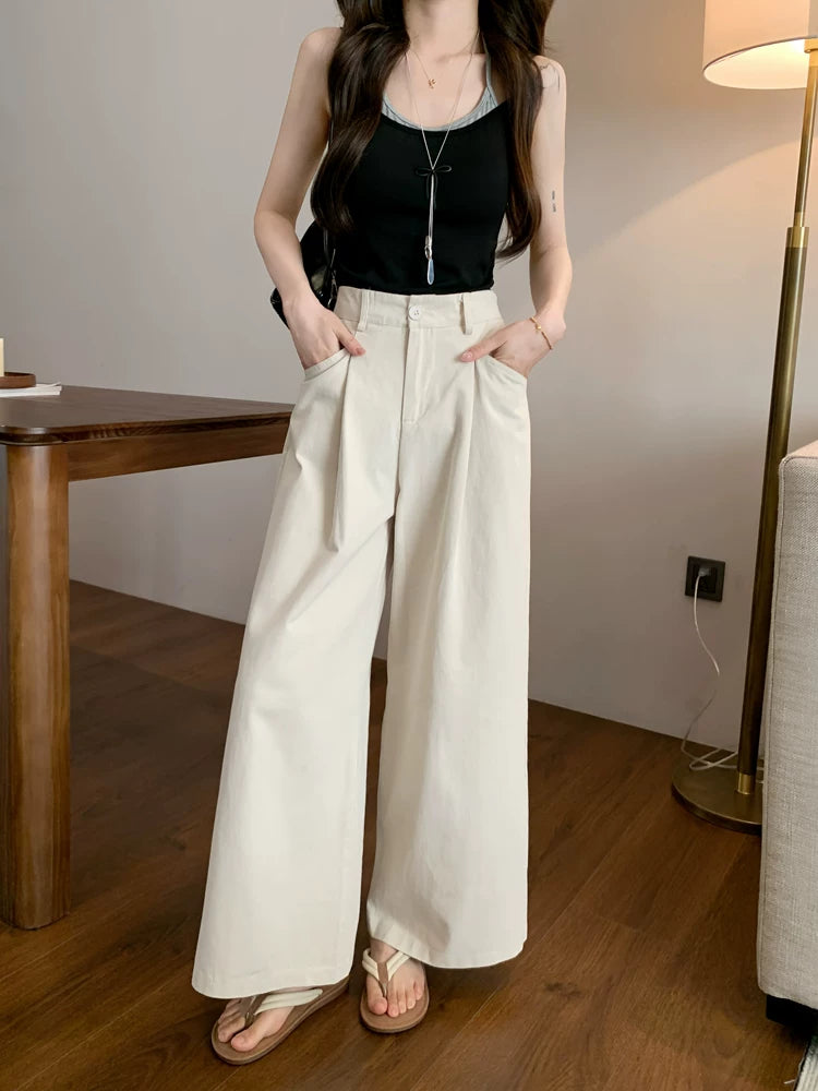 Wide-Leg Pleated Pants in Linen-Look Texture