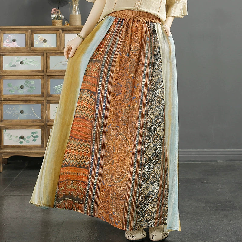 Boho Floral Cotton-Linen High-Waisted Flowy Vacation Maxi Skirt