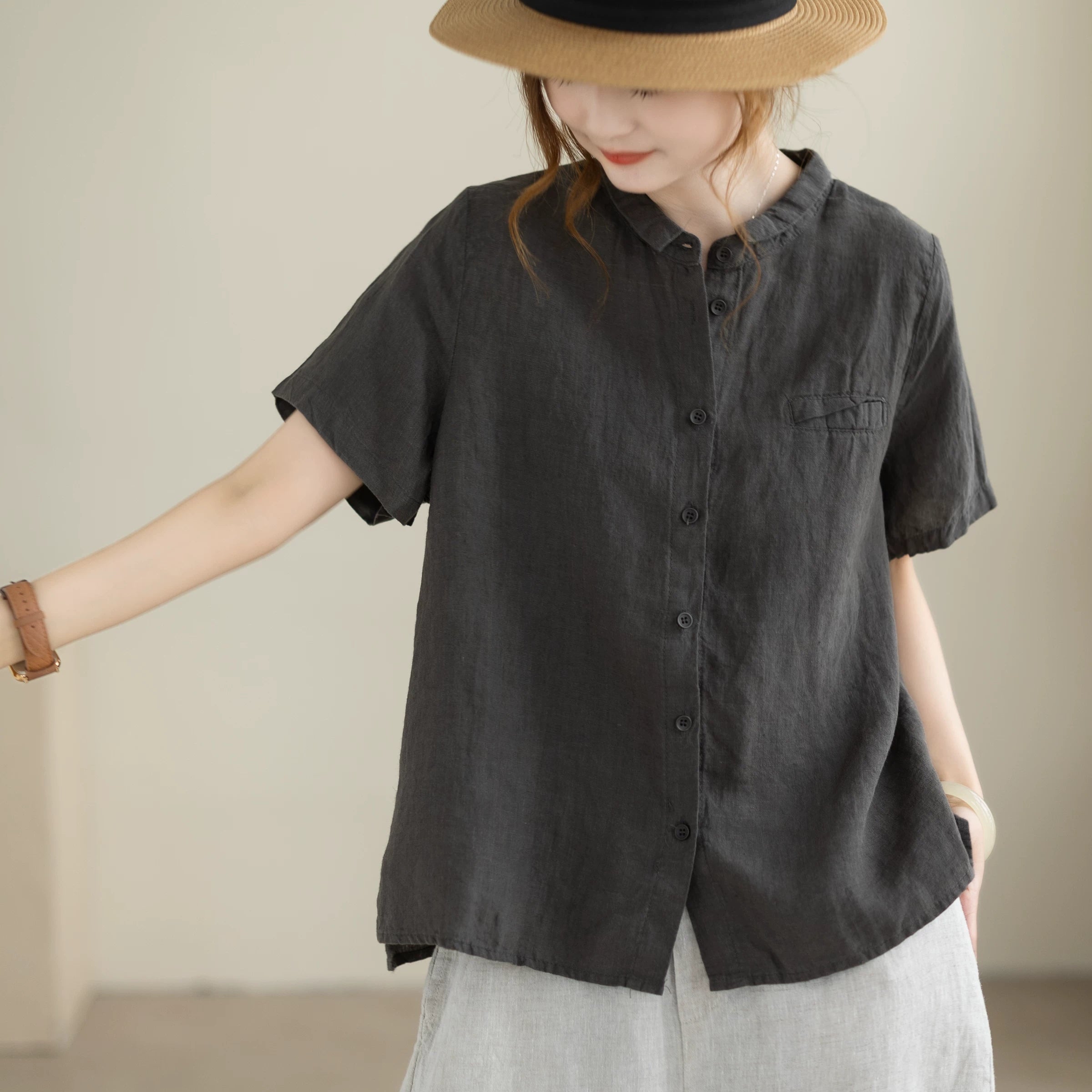 100% Linen Button-Front Top with Small Stand Collar