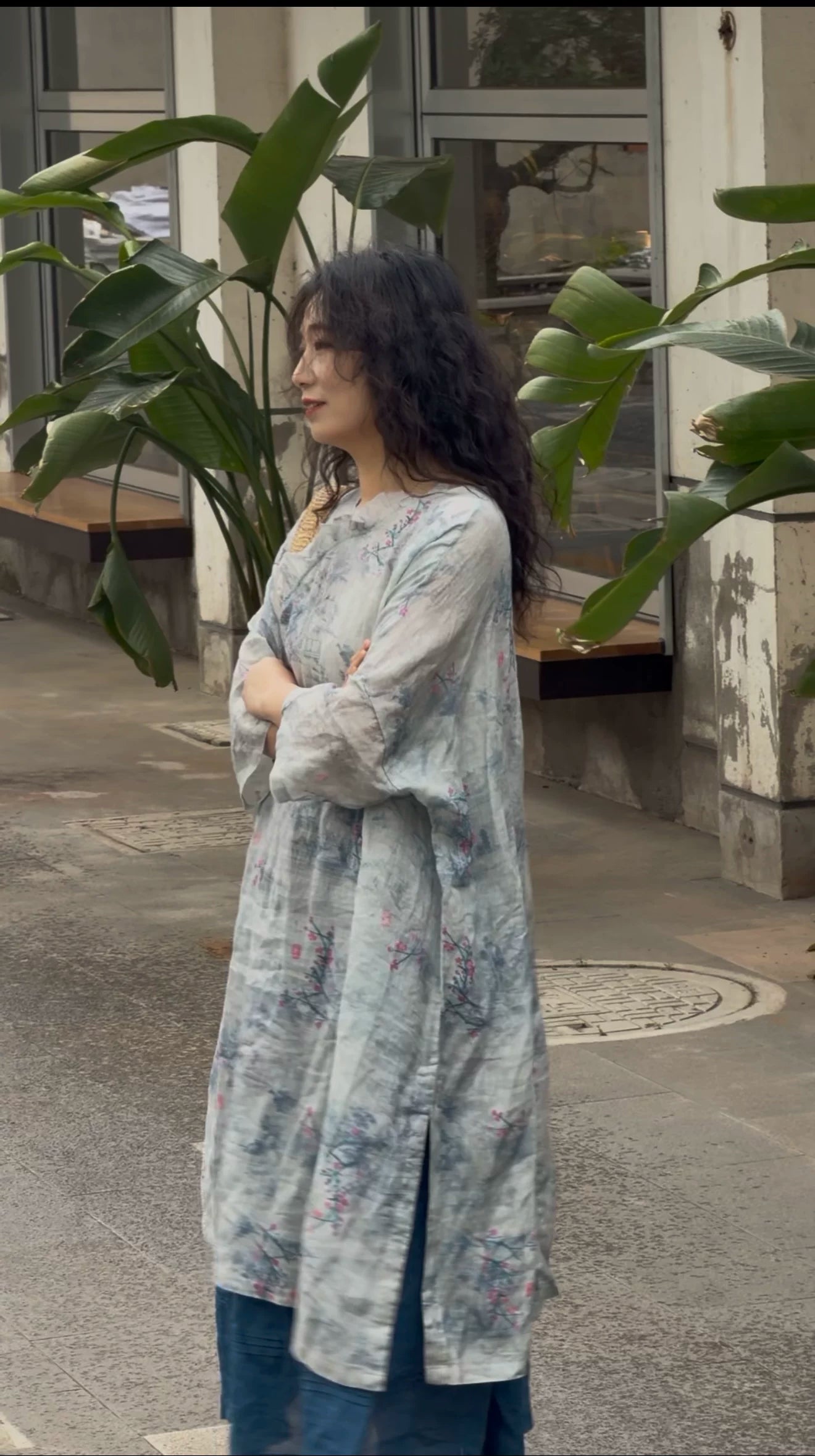 Relaxed Linen Midi Dress with Subtle Print