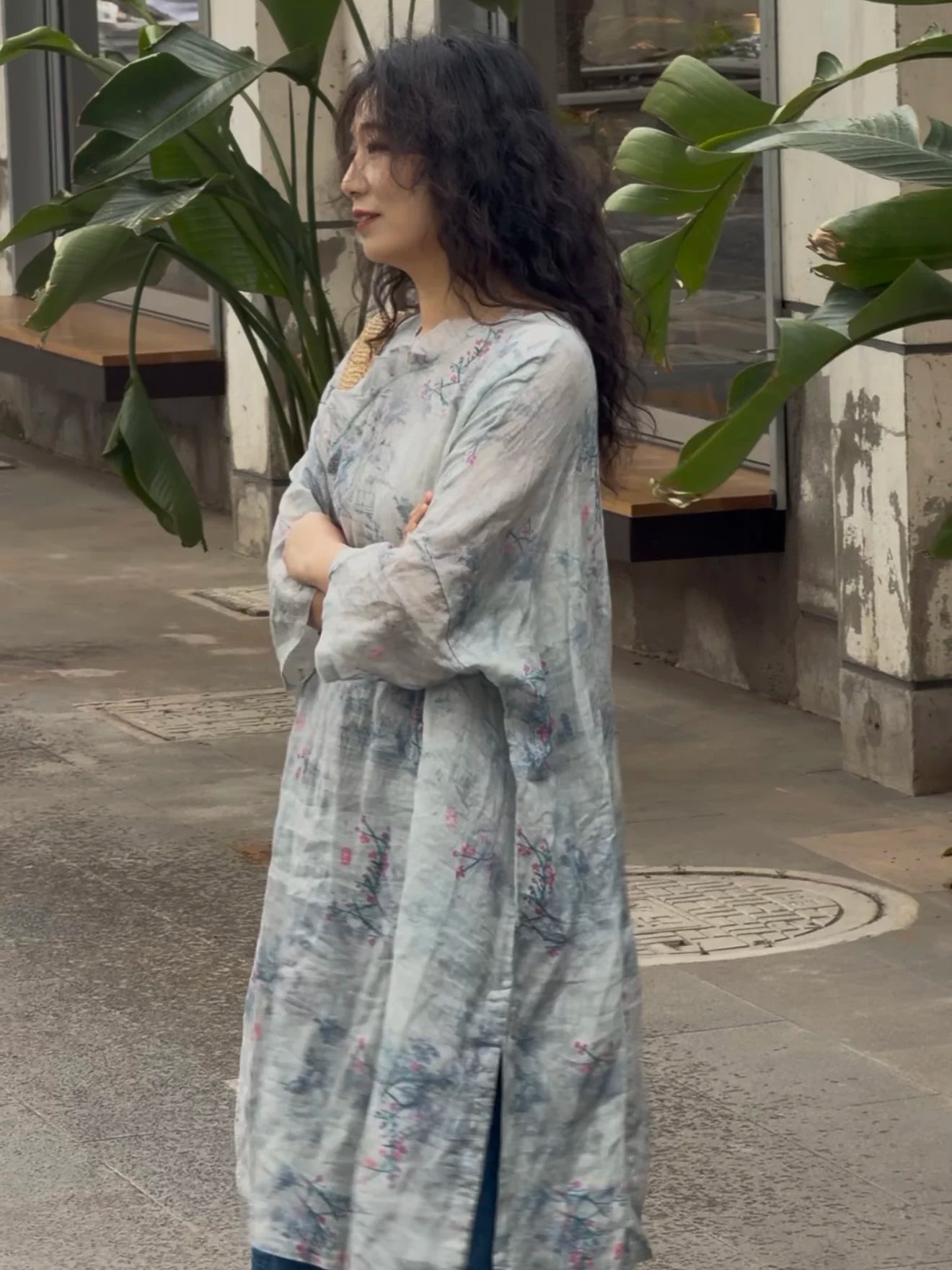 Relaxed Linen Midi Dress with Subtle Print
