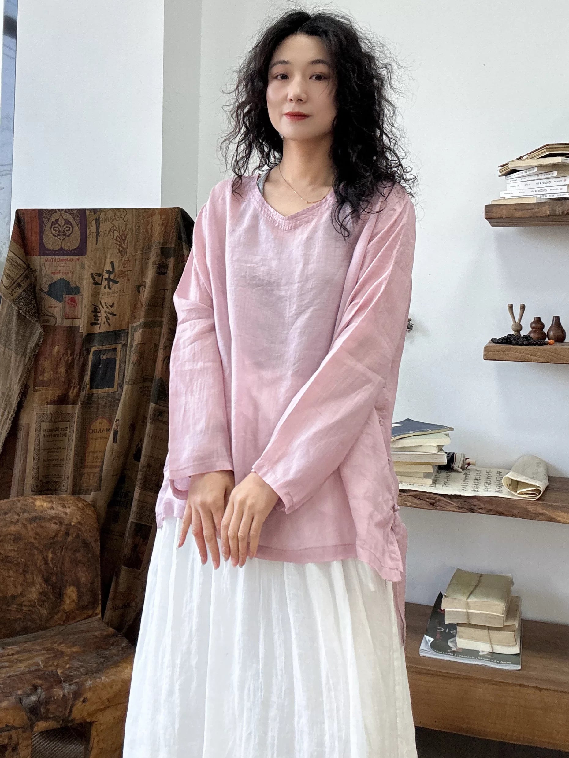 Ramie Relaxed Long-Sleeve Top in Soft Hues