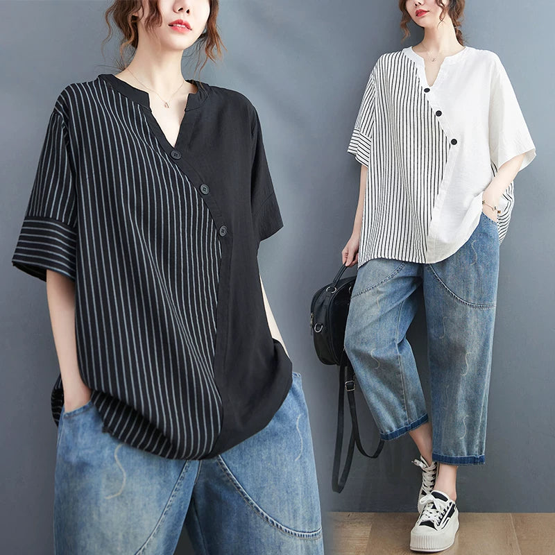 Asymmetrical Striped-Solid Panel Top in Cotton-Linen Blend