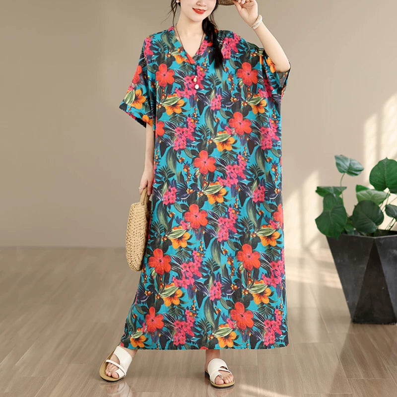 Floral Tie-Dye V-Neck Maxi Dress - Relaxed Fit