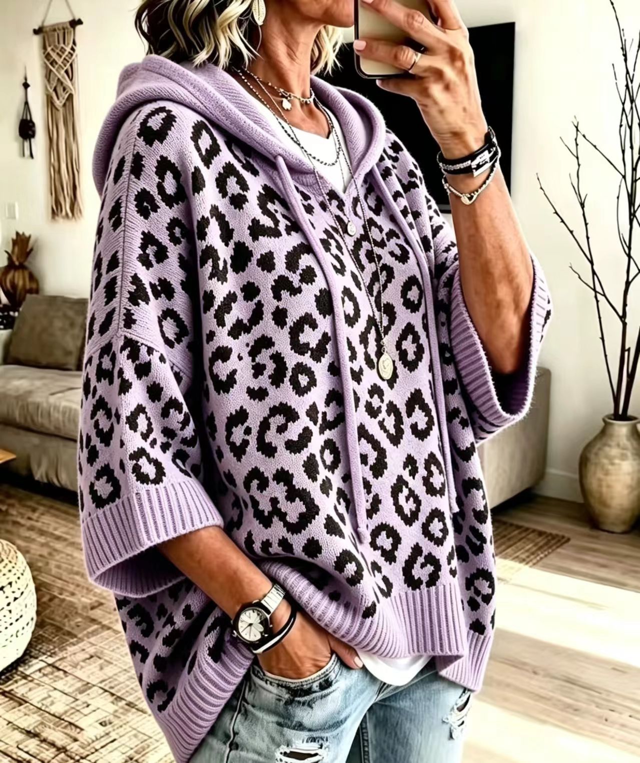 Leopard Jacquard Hooded Knit Top, Oversized Pullover