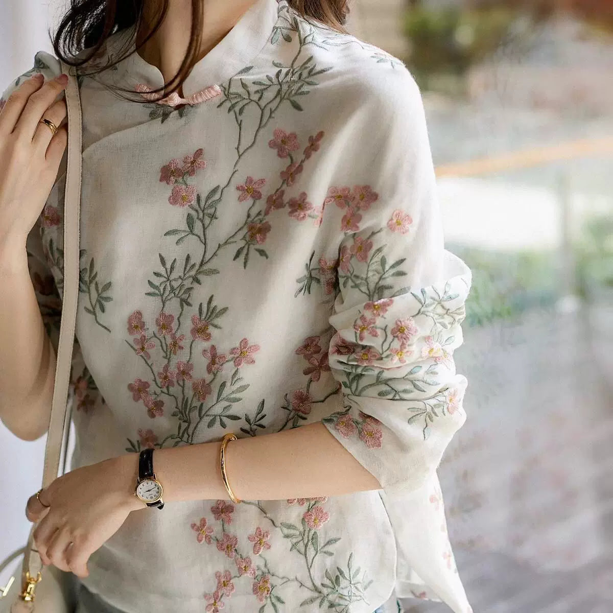 Off-White Floral Embroidered Linen-Look Top