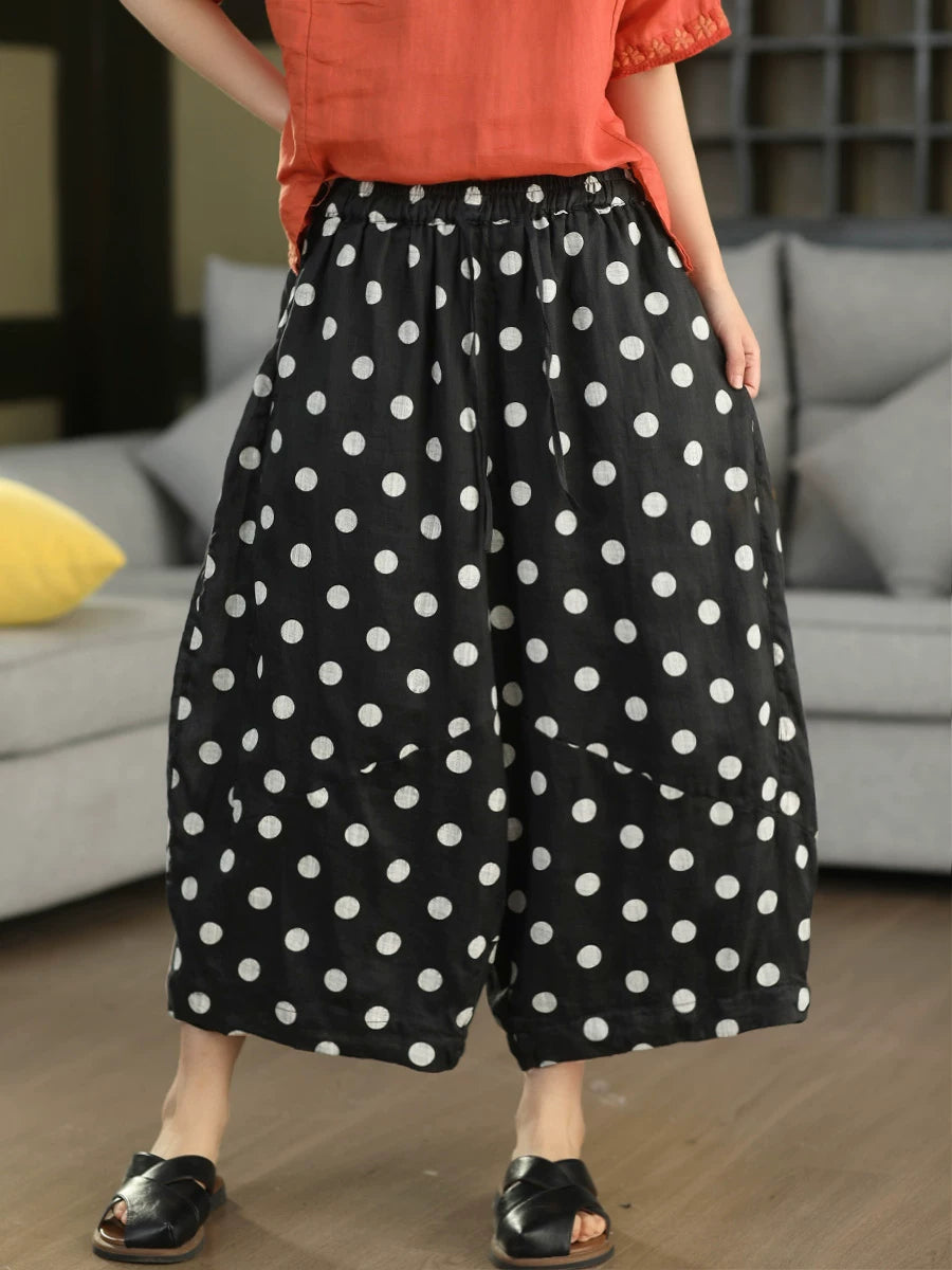 100% Ramie Balloon-Leg Cropped Pants with Polka Dots