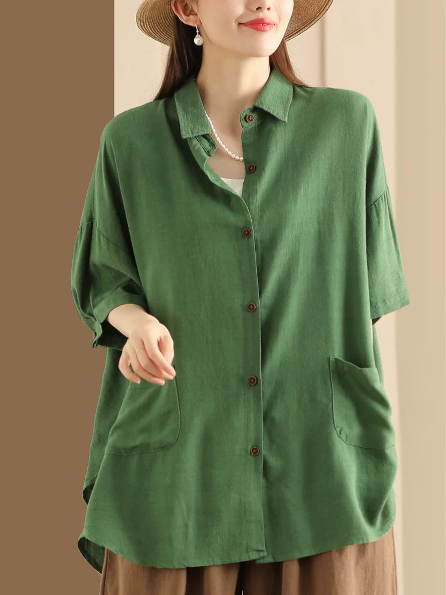 Linen-Look Shirt Collar Top with Patch Pockets