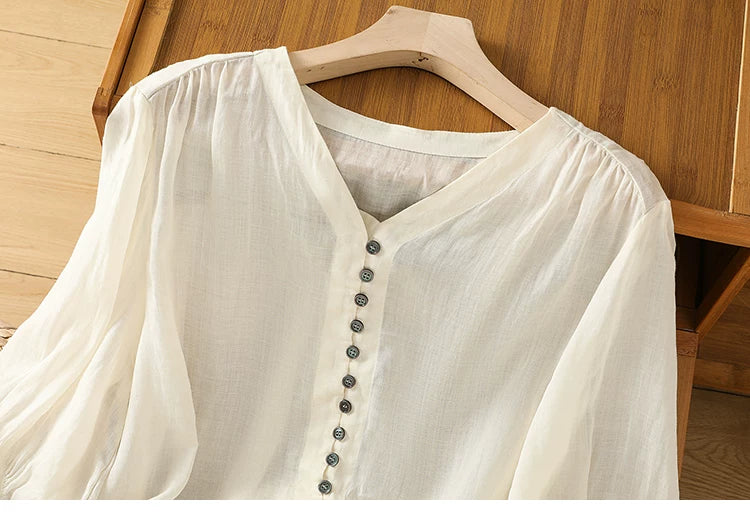 Cotton Linen V-Neck Long Sleeve Shirt with Lantern Sleeves