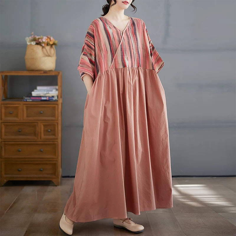 V-Neck Cotton Linen Midi Dress with Stripe Panel