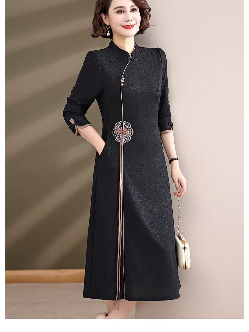 Linen-Look Textured Midi Dress with Chinese-Style Stand Collar