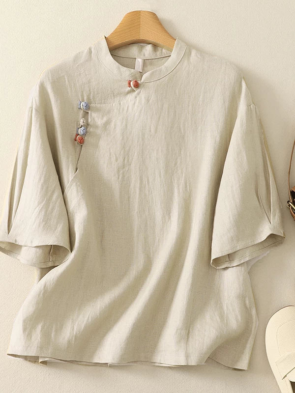 Cotton Linen Half Sleeve Shirt with Asymmetrical Placket