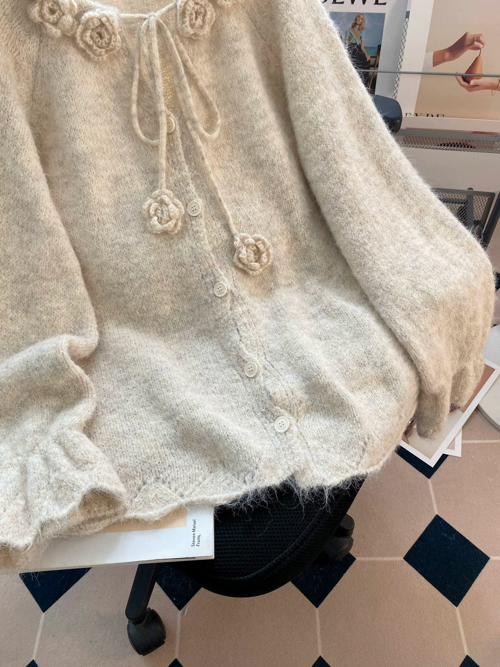 Floral Appliqué Fuzzy Knit Cardigan