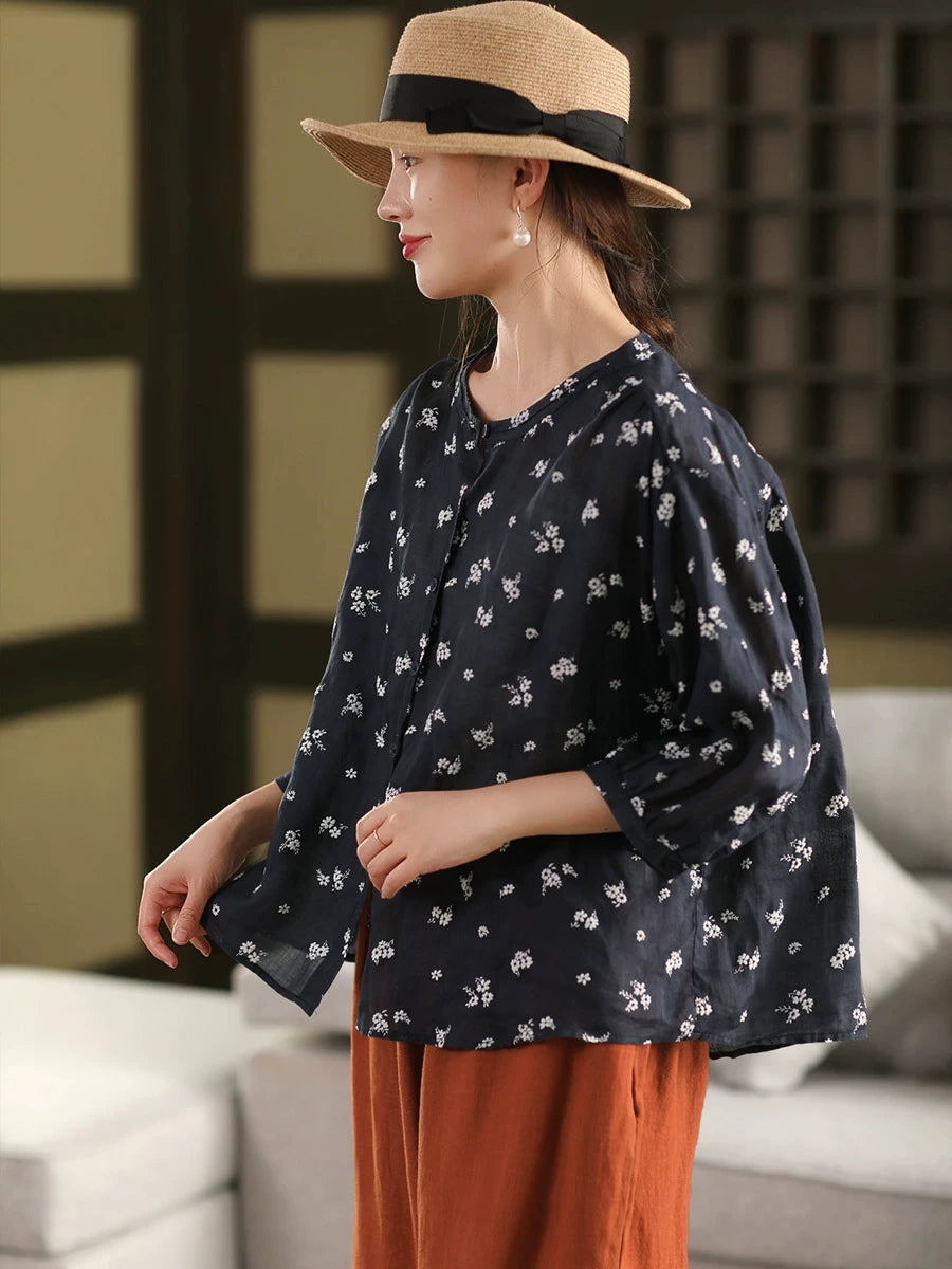 100% Ramie Floral Embroidered Blouse