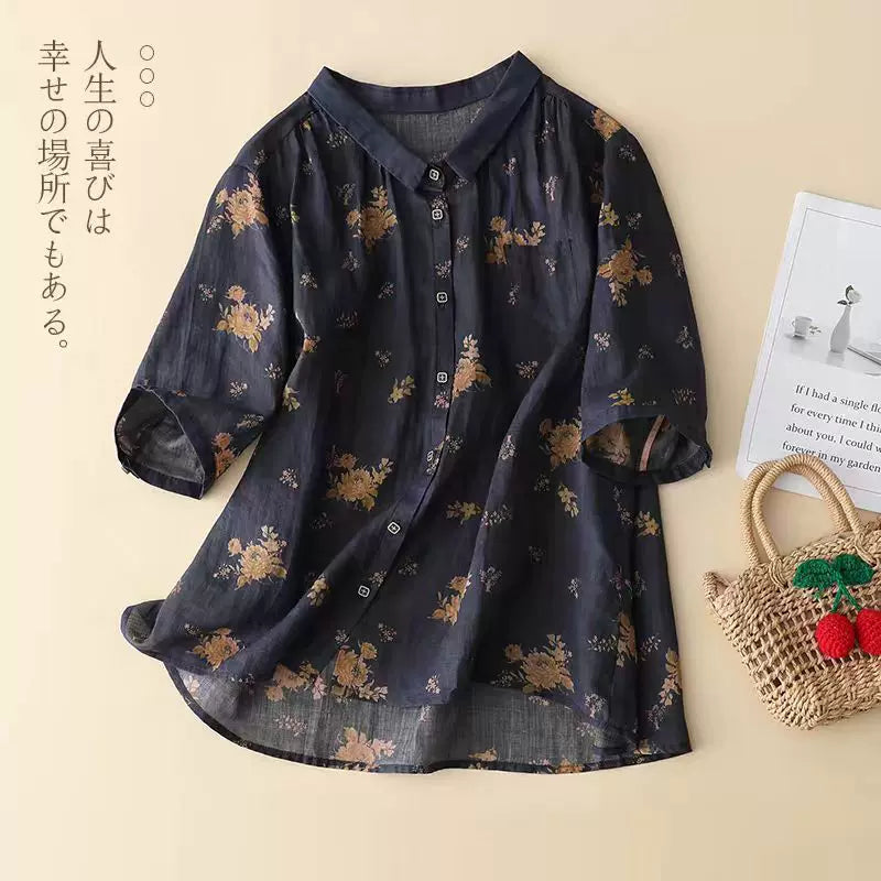 Floral Print Cotton Linen Three Quarter Sleeve Shirt